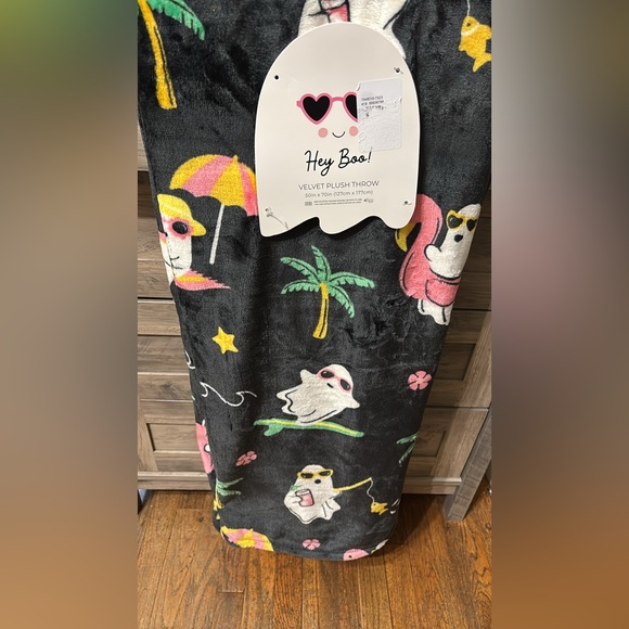 Hey Boo Black Plush Throw Blanket SUMMERWEEN  Surfing Flamingo Floaty Ghost - Picture 1 of 9